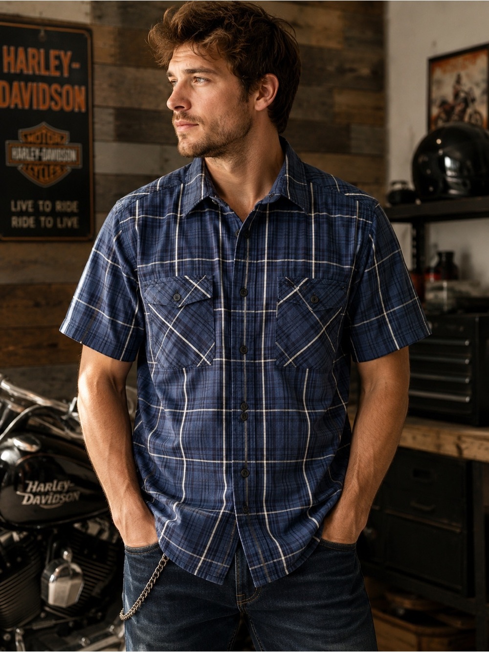 Harley-Davidson Plaid Twill Work Shirt Blue White Snap Pocket Button Down